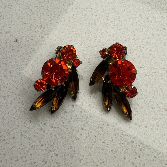 Vintage D&E Juliana Clip On Earrings Orange Rhinestones Mid-Century Modern MCM - Picture 3 of 8